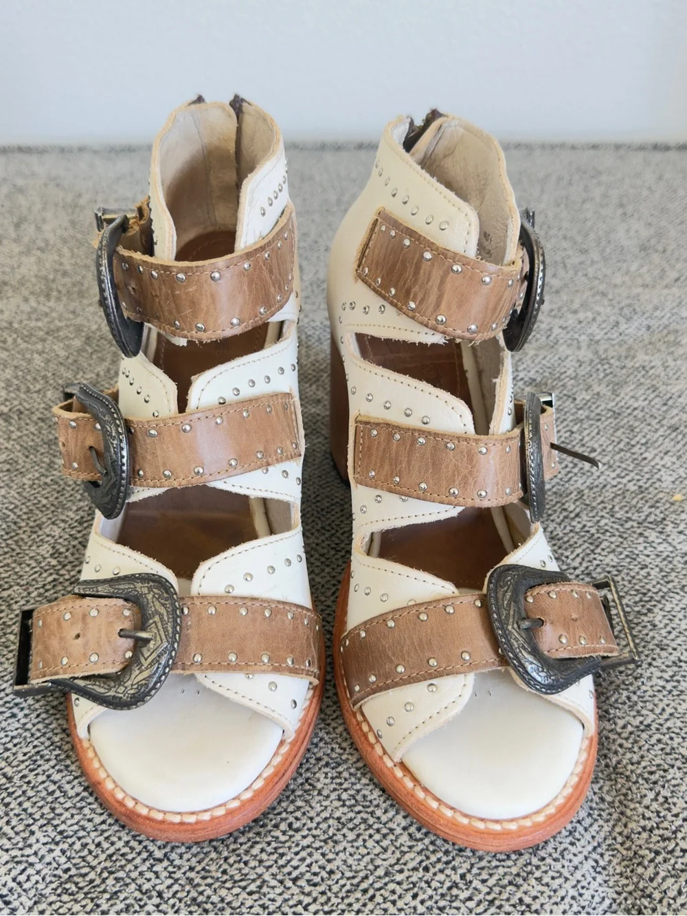 Freebird by Steven White and Tan Buckle Block Heel Sandals